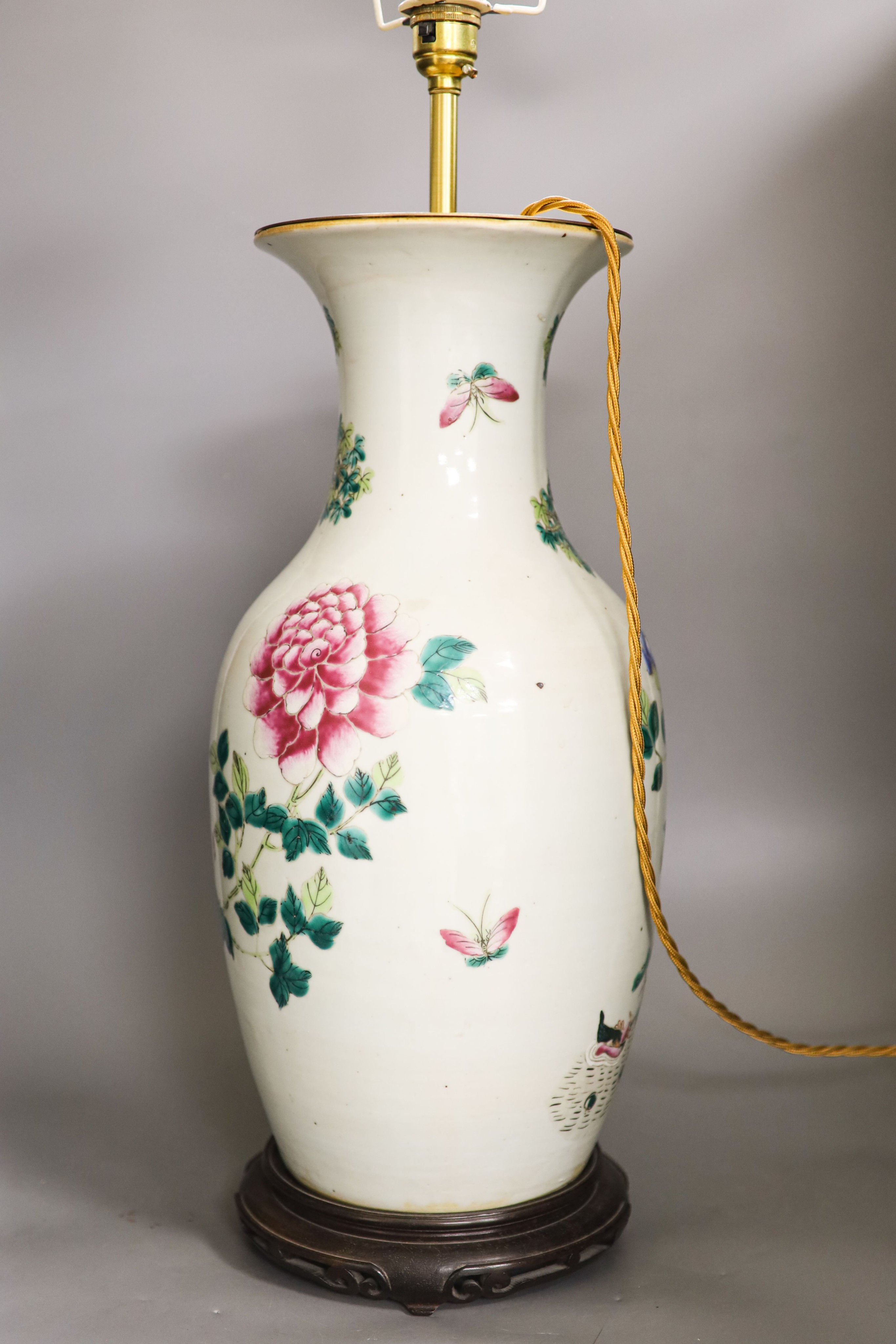 A large Chinese famille rose ‘phoenix’ vase, 19th century, 43.5cm excluding later glued lamp mount